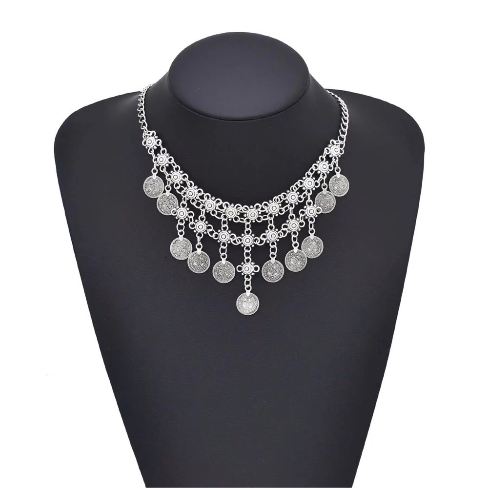 New Silver Round Coin Tassel Bohemian Ethnic Statement Necklace Gypsy Turkish